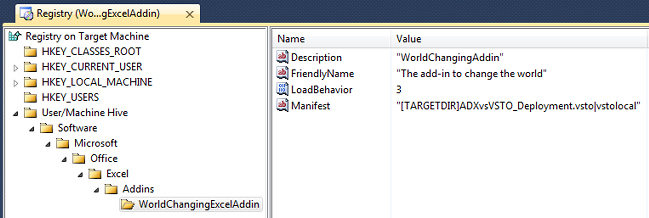 Adding values under the WorldChangingExcelAddin key