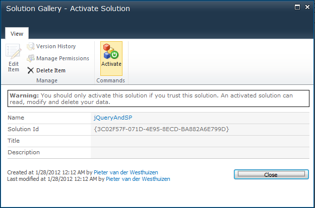 Activate your solution by clicking on the Activate button