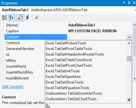 Setting the Ribbon's Context property to display it for a specific Excel context