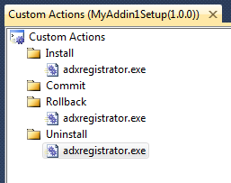 Three custom actiona that call adxregistrator.exe with different arguments