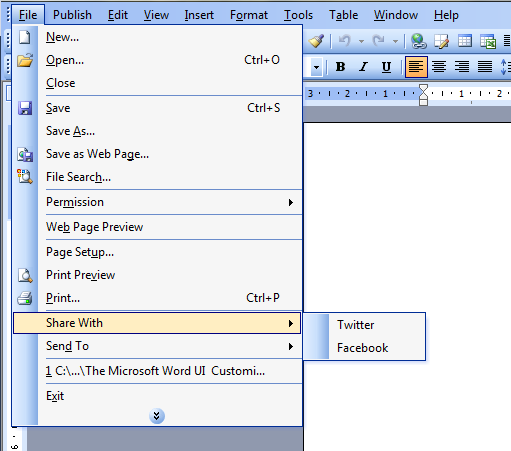 The customized File menu in Microsoft Word 2003