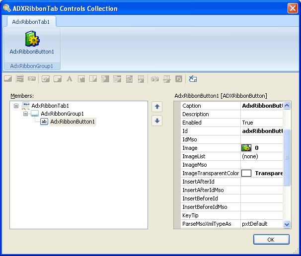 A ribbon button in the Office 2007 Ribbon tab designer