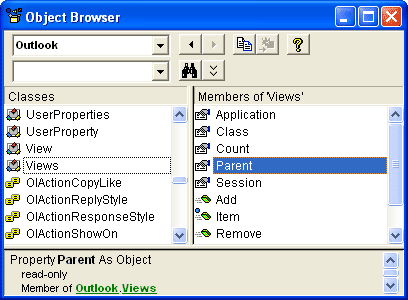 Outlook Views.Parent property in the VBA Object Browser